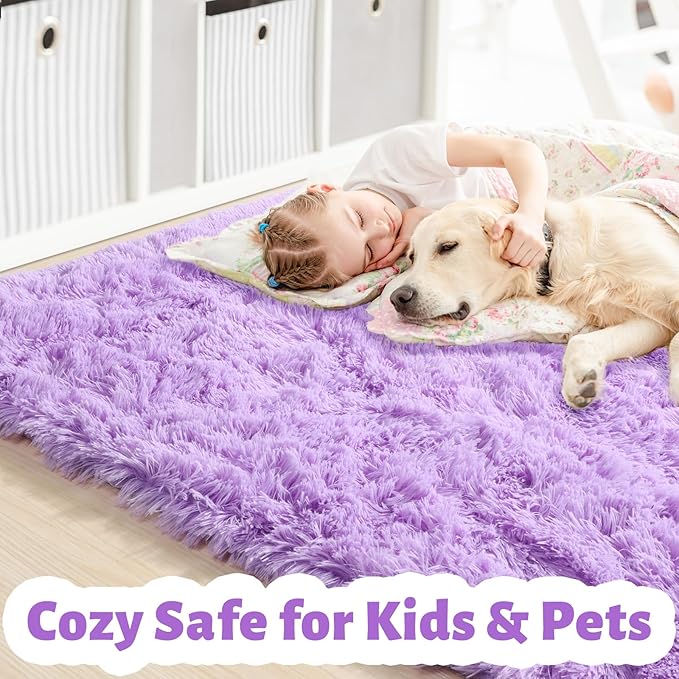 Purple Area Rugs for Girls Bedroom,5x8 Rug,Fluffy Shag Rug for Living Room,Thick Furry Rugs for Kids Room,Shaggy Throw Rug for Nursery,Playroom,Kawaii Fuzzy Plush Carpet,Cute Room Decor for Baby