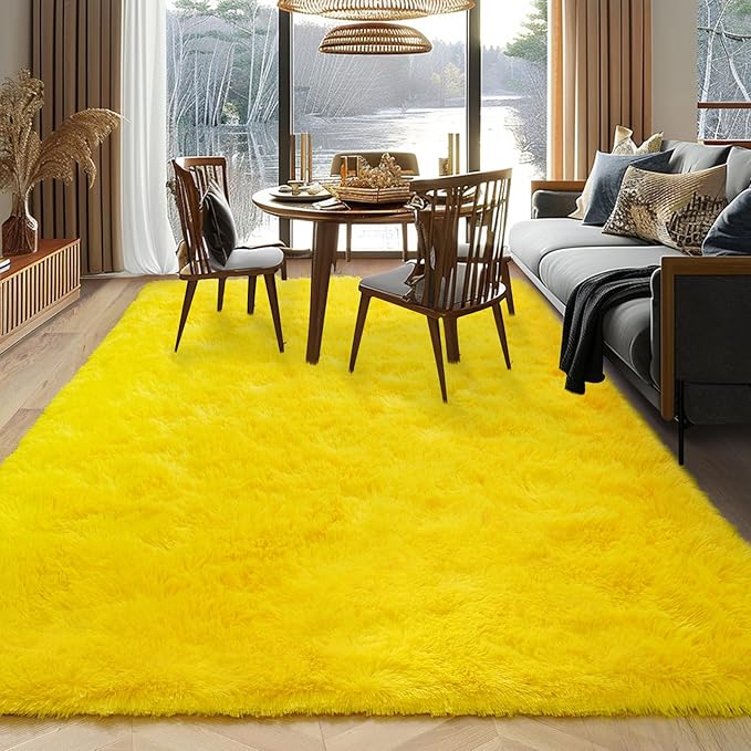 Super Fluffy Area Rug for Bedroom, Modern Shag Yellow Area Rugs, Soft Plush Small Carpet for Kids,Girls Boys and Teens Decorations for Living Room Dorm Nursery Classroom, 9x12 Feet
