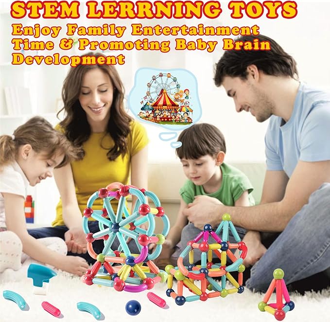 Magnetic Blocks Kids Toys, Magnetic Building Sticks STEM Educational Sensory Toy Preschool Learning Montessori Toys for Toddlers Boys Girls Ages 3-8 with 1 Car