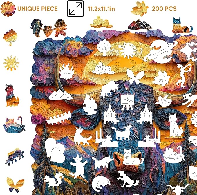 Wooden Puzzle for Adults - 3D Longhorn Wooden Jigsaw Puzzles 500 Piece, Unique Shaped Animal Challenging Puzzles, Exquisite Packaging, Best Gift Toys for Family Friends 16.5x16.5 in