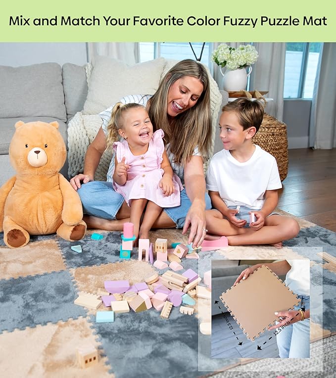 16 Piece Carpet Squares Puzzle Mat 49" x 49" Plush Interlocking Carpet Tiles, Foam Floor Tiles for Baby Play Mat - Kids Soft Play Floor Mats, Anti Slip Jigsaw Flooring Playmat Playroom Rug (Brown)