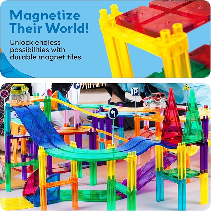 PicassoTiles 150 Piece Race Car Track Building Block Educational Toy Set Magnet Tile Magnetic Blocks Playset 4 Cars Early STEM Learning Construction Kit Hand-Eye Fine Motor Skill Brain Training PTR150