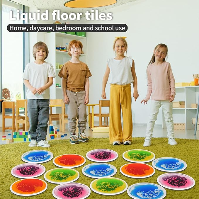 Art3d 4PCS Round Sensory Floor Tiles for Kids, Toddlers and Children, Colorful Liquid Sensory Activity Mat for Active Play and Decorative