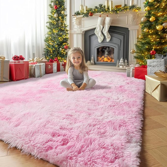 Amdrebio Tie-Dyed Pink and White Area Rugs for Girls Bedroom, Plush Kawaii Fuzzy Throw Princess Rug for Kids Room Playroom, Soft Fluffy Furry Shaggy Carpet for Nursery, 4x6, Cute Room Decor for Baby