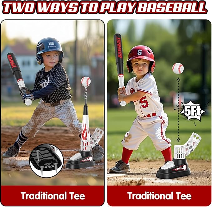 T Ball Set for Kids Toddlers 3-5, Toss and Catch Ball Game Outdoor Toys with Fixed Tee Ball Stand, Baseball Launcher, Softballs and Beginner Glove, Sport Toy Gift Idea for Boys and Girls