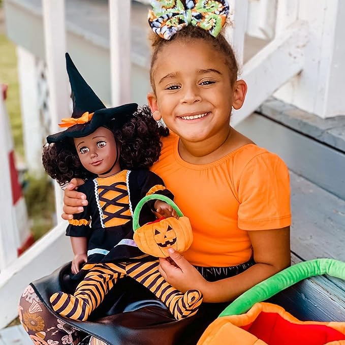 Playtime by Eimmie 18 Inch Doll Clothes and Accessories - Halloween Witch Costume with Hat and Plush Pumpkin - Clothing Sets & Stuff - Fits American, Generation & Similar 18” Dolls for Girls