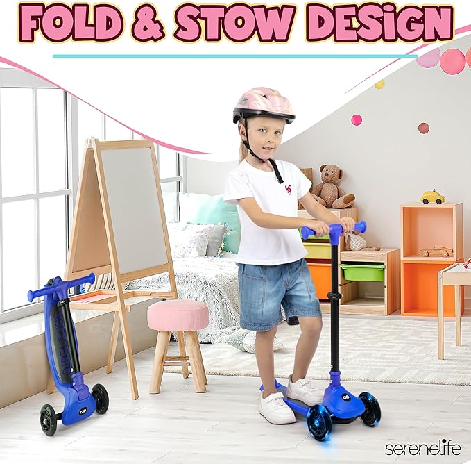 SereneLife 3 Wheel Foldable Kids Scooter - Foldable Seat, LED Wheel Lights, Adjustable Handlebar, Rear Foot Brake, Lean-to-Steer, Anti-Slip Deck, Ideal for Toddlers Kids 3+, up to 110Lbs