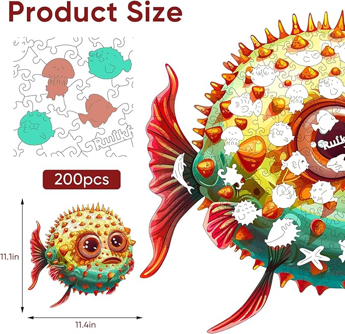 Fish Wooden Puzzles for Kids and Adults,200 Pieces Unique Shaped Jigsaw Puzzles for Adults and Children,Family Game,Birthday Children's Day Gifts,11.1x11.4 Inches