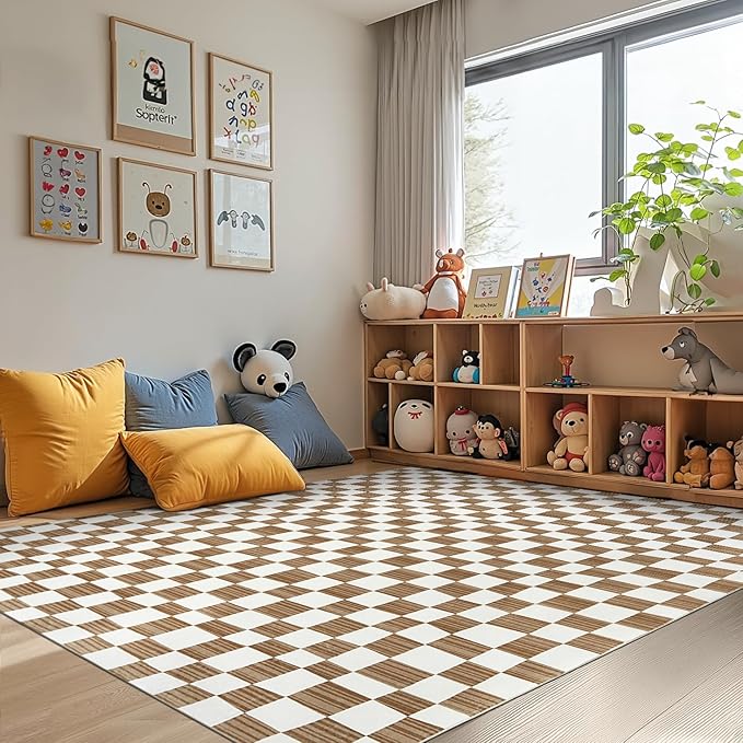 jinchan 5x7 Brown Checkered Area Rugs for Kids Room - Machine Washable Rug Modern Neutral Geometric Lattice Soft Non-Slip Carpet for Nursery Playroom Living Room Bedroom Dining Room Home Office
