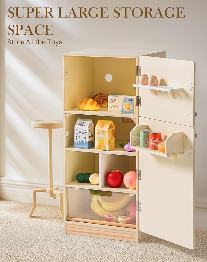 ROBOTIME Play Kitchen Toy Fridge - Wooden Toy Refrigerator with Accessories, Pretend Play Kitchen Set for Kids & Toddlers, Freezer with Play Food for Ages 3+ (Creamy Rustic Style)