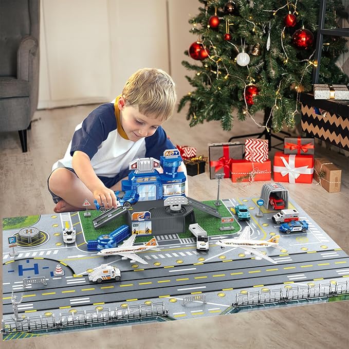 Airplane Toy Set - Airport Playset for Toddlers with Trucks,Planes, Helicopter, Signs and Fabric Airport Playmat, Interactive Early Learning Toys Birthday Gift for Boys and Girls Age 2 3 4 5+