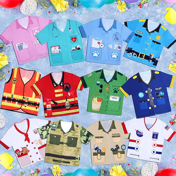 Jiuguva 12 Pcs Kids Role Play Costume Dress up Clothes Cosplay for Kids Community Helper Career Costumes Doctor Construction Workers Fireman Police Career Day Pretend Play