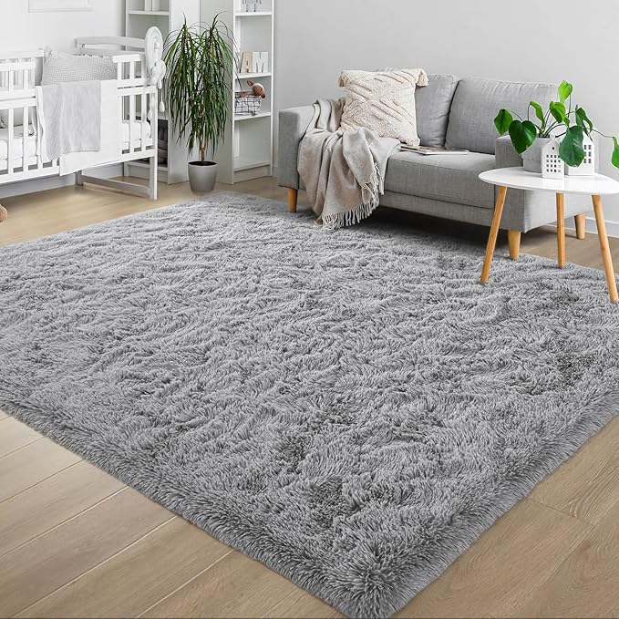 Grey Fluffy Soft Living Room Bedroom Rug, 4x6 Area Rugs Super Soft Shaggy Carpet for Living Room Classroom Kids Babys Playroom Toddler Nursery Dorm Home Decor, Modern Indoor Non Slip Rug