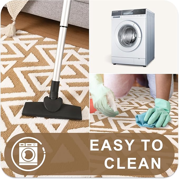 Ompaa Ultra Soft Shaggy Rugs Memory Foam Bedroom Carpet, Beige 7 x 10 Feet Large, Plush Geometric Textured Area Rugs for Living Room Couch Dorm Bedside Kids Girls Teens Room Nursery Decor Floor Mat