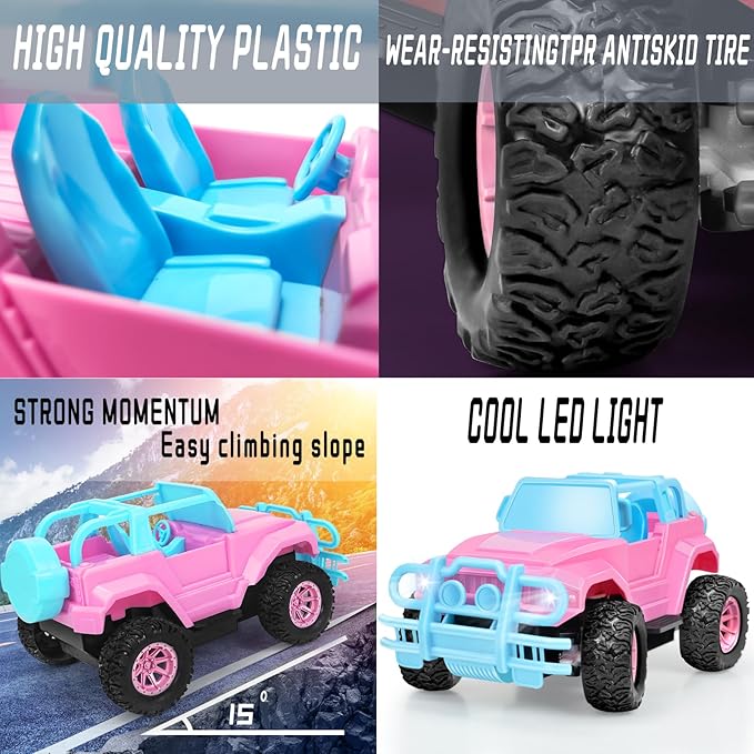 YongnKids Remote Control Car for Kids, 1:20 Scale Rc Trucks for Girls Age 4-7, Pink Rc Cars Toys for Ages 5-7 8-13 Boys Girls Birthday Gift, Off Road Trucks with Mini Doll & DIY Sticker