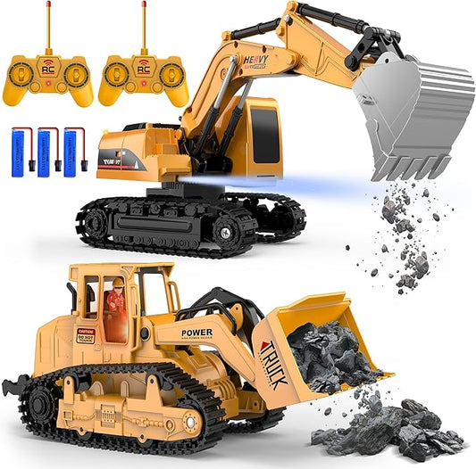 AISYAH Construction Bulldozer and RC Excavator Toy Set - RC Construction Vehicles Toy with Rechargeable Batteries, Lights and Sounds, Present for Toddlers 6-12 Year Kids