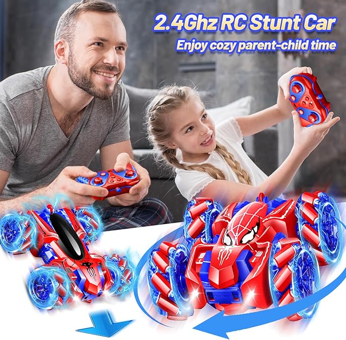 Remote Control Car for Kids - Spider 360° Flip Double-Sided RC Car, 4WD Rechargeable Drift Racing Toy with Strip Lights & Headlights - Birthday Gifts for Boys Girls Ages 4-12