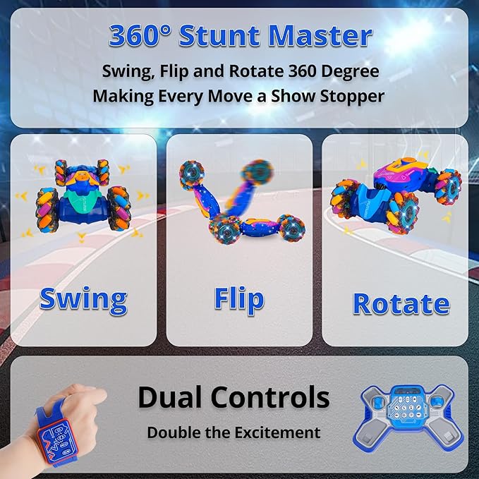 RC Stunt Car Gesture Sensing Stunt, Hand Control RC Cars for Boys Age 4-7-13, Best Birthday Gift for Boys 6-8-12, with Light Music & Spray, 360° Rotation Remote Car, Boy Birthday Gift