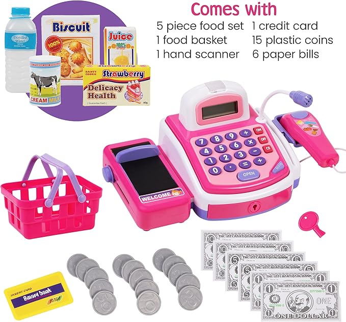 PREXTEX Pretend and Play Electronic Toy Cash Register, Shopping Till Includes Play Money, Scanner, Calculator, Mic Speaker for Kids, Great Gift for 3+ Year Old Girls and Boys