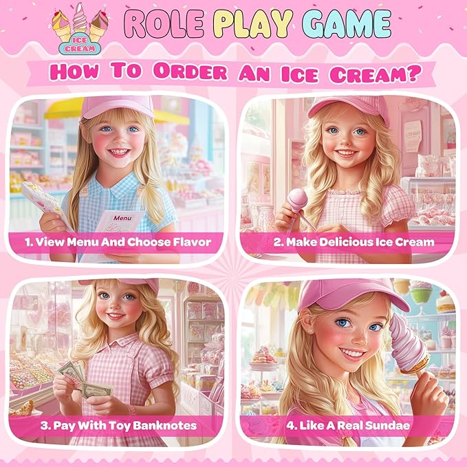 INNOCHEER Ice Cream Toy, Wooden Ice Cream Play Set, Pretend Play Kitchen Toys, Ice Cream Toys for Toddlers, Ice Cream Shop Playset Play Store, Gifts Toys for 3 4 5 6 7 8+ Year Old Girls Boys