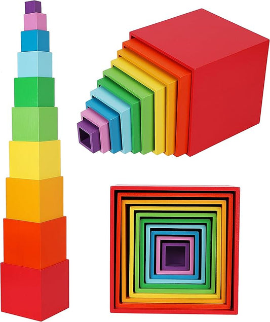 TOWO Wooden Stacking Boxes Rainbow Colours-Nesting and Sorting Cups Blocks for Toddlers-Stacking Cubes Educational Learning Toys for 2 Years Old Montessori Materials