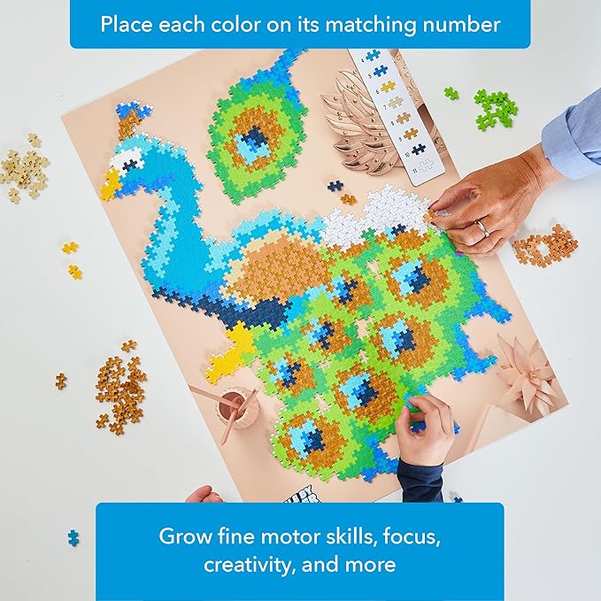 Plus Plus Puzzle by Number, 800 Piece Mini Interlocking Hashtag Color Blocks, 3D Pixel Art Kit for Kids - Peacock