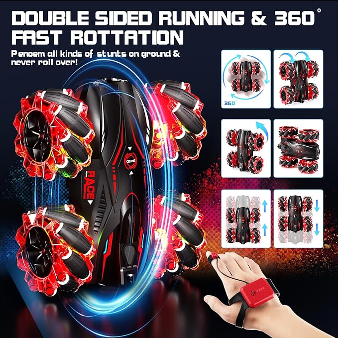 RC Gesture Sensing Stunt Car，2.4GHz 4WD Remote Control Car with Cool Light，Double Sided Rotating Off Road Vehicle 360° Flips Cars for 6-12 Year Old Boys Girls Birthday Presents (Red)