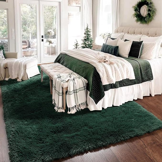 Amdrebio Dark Green Area Rugs for Bedroom Aesthetic, Fluffy Rug for Living Room, Soft Bedside Rugs 4x6 for Kids Room, Teen, Women, Shaggy Throw Rug for Dorm Classroom Office Nursery, Deep Green Carpet