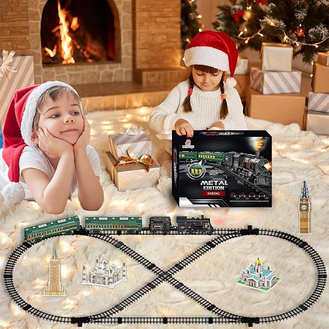 Electric Train Sets for Kids Metal Alloy Christmas Train Toys Steam Locomotive, Glowing Passenger Carriages, Luxury Tracks, Light & Sounds Rechargeable Birthday Gifts for Boys Girls Red Green …