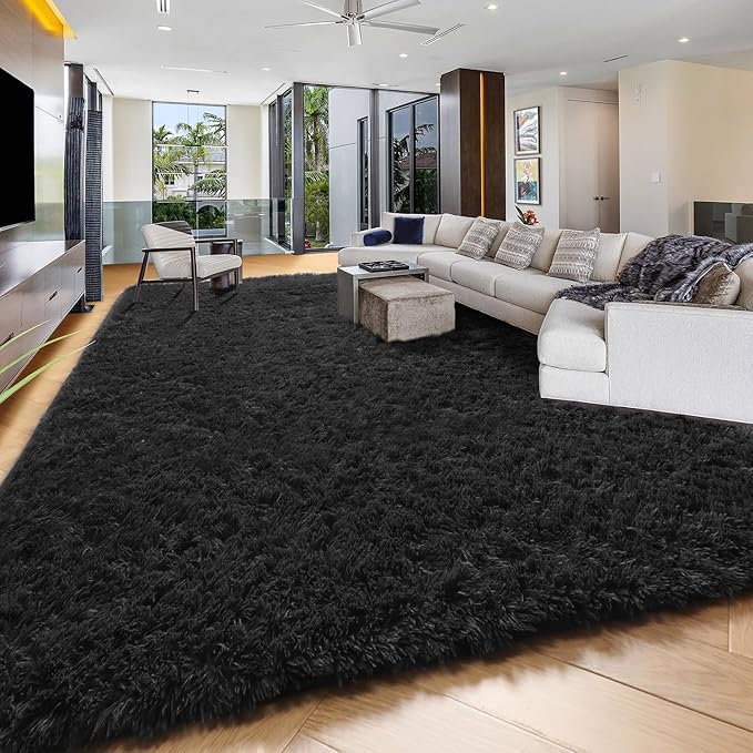 PAGISOFE 6x9 Fluffy Bedroom Rugs Black Modern Living Room Machine Washable Area Rug Fuzzy Shaggy Carpet Indoor Plush Nursery Rugs for Kids Room Furry Floor Rug for Boys Carpet for Teen Dorm Room Decor