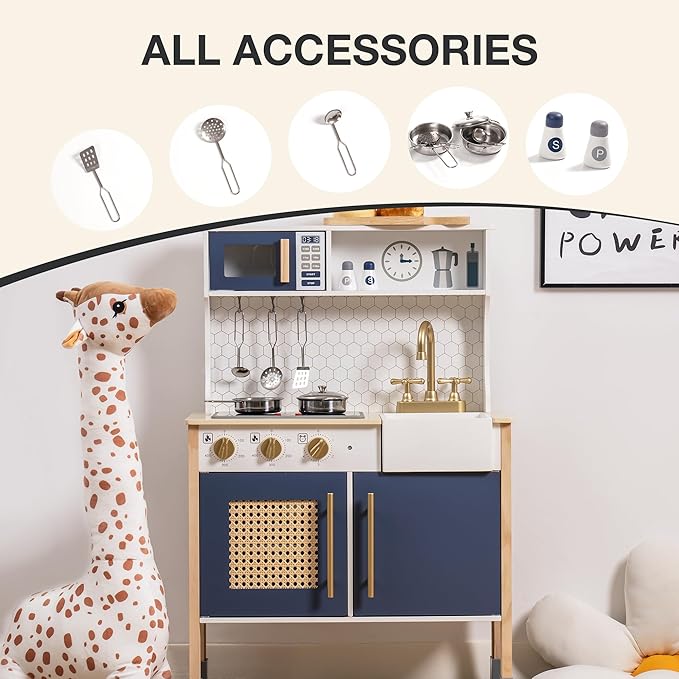 ROBOTIME Wooden Play Kitchen, Kids & Toddlers Kitchen Playset, Kids Play Kitchen Pretend Play Set with Lights & Sounds, Toy Kitchen for Ages 3+ (Blue)