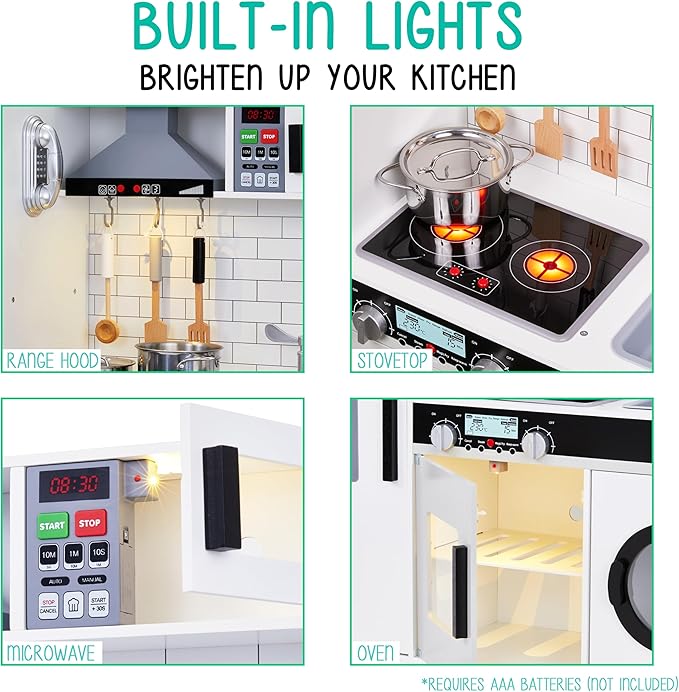Lil’ Jumbl Kids Kitchen Set, Pretend Wooden Play Kitchen, Battery Operated Icemaker, Microwave, Range Hood, Stove Top, Oven, with Realistic Sound & Lights, Pots, Pan, & Utensils Included