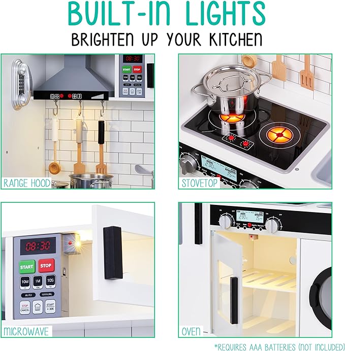 Lil’ Jumbl Kids Kitchen Set, Pretend Wooden Play Kitchen, Battery Operated Icemaker, Microwave, Range Hood, Stove Top, Oven, with Realistic Sound & Lights, Pots, Pan, & Utensils Included