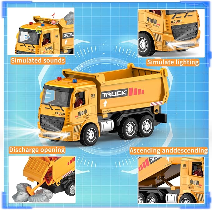 Remote Control Excavator and Dump Truck Toy Set - RC Construction Vehicles Toy with Barricades, Road Signs, Simulated Rocks, Lights and Sounds, Birthday Gifts for Toddlers 3-12 year Boys Girls