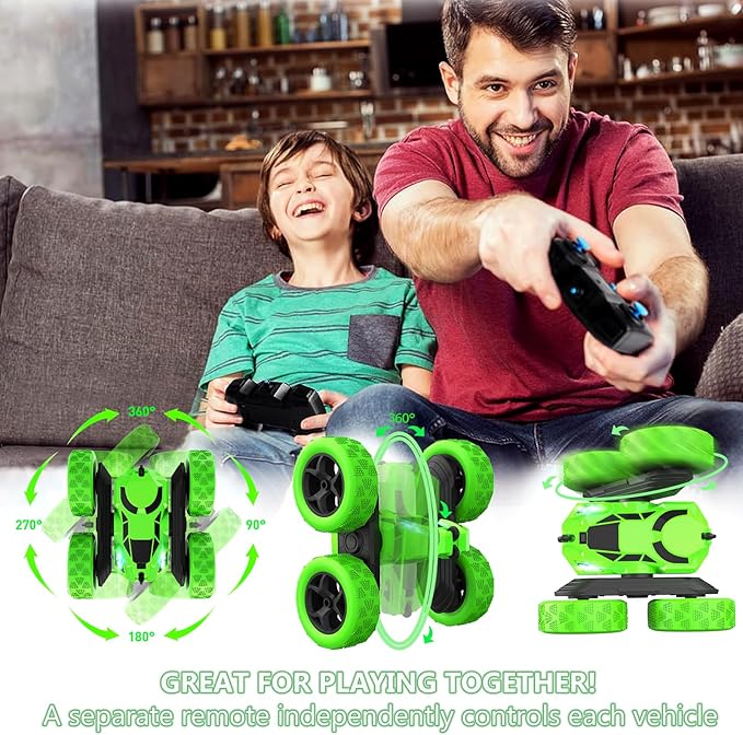 Remote Control Car - RC Car Toys for Boys - 4WD 2.4Ghz Double Sided 360° Rotating RC Cars, Birthday Gifts for Kids Age 6 7 8-12 for Boys and Girls- Green