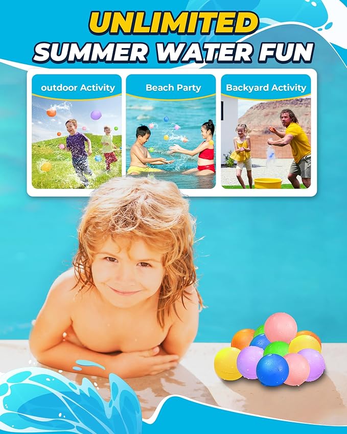 Upgraded Model SOPPYCID 12PCS Reusable Water Balloons - Quick Fill Water Balls Toys For Toddler Age 4-8 - Refillable Magnetic Self-Sealing Water Splash Bomb For Summer Party Pool Toys