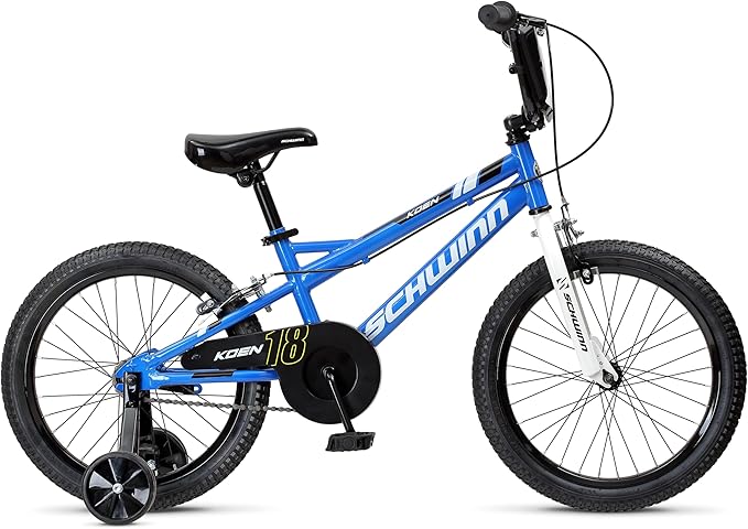 Schwinn Koen BMX Style Toddler and Kids Bike, For Girls and Boys, 18-Inch Wheels, With Training Wheels, Chain Guard, and Number Plate, Recommended Height 42-52 Inch, Blue