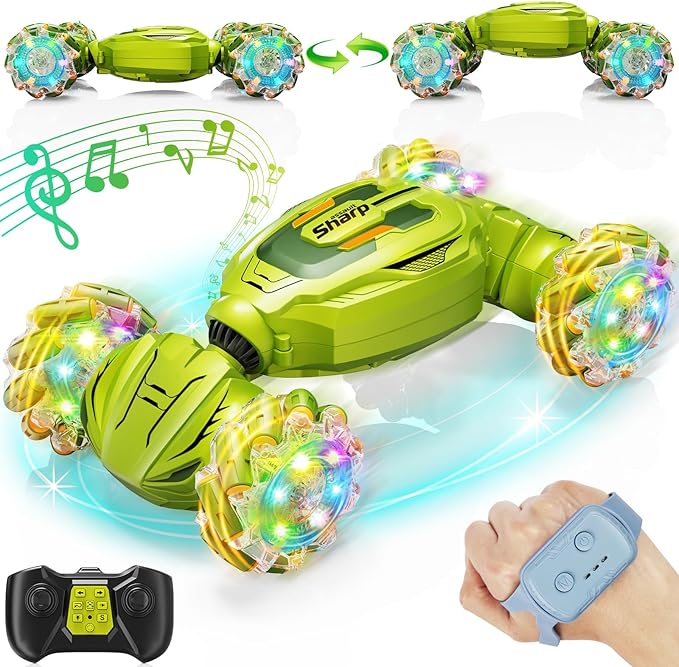 Gesture Sensing RC Stunt Car, Remote Control Car Christmas Birthday Gifts for Kids Age 6-12, 2.4Ghz Hand Controlled Twist Cars, 360° Rotating Off Road Car Toy for Boys Girls Age 6 7 8 9 10 11+(Green)