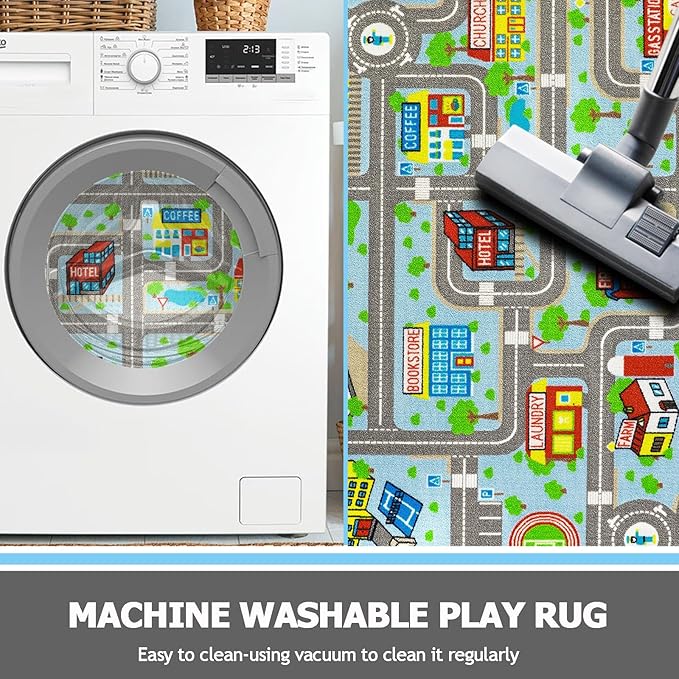 Capslpad Sky Blue Car Road Kid Rug Carpet Playmat for Playoom Traffic Road Kids Play Mat for Toddler Non Slip Washable City Map Race Track Carpet Rug for Kids Room Bedroom Nursery Room Decor,6.6'x5'