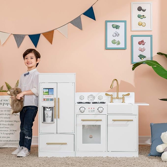 Teamson Kids Little Chef Charlotte Modern Modular Interactive Wooden Play Kitchen with Refrigerator, Stove and Sink in White with Gold Finishes