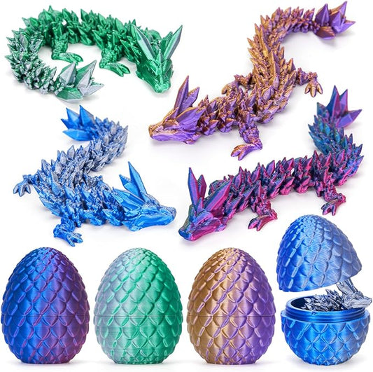 TBOLINE 4PCS 3D Printed Dragon Egg, Mystery Easter Egg Articulated Crystal Animals Fidget Toy for Boy Kid, 3D Print Small Dinosaur Eggs Toy Mythical Pieces Dragon in Egg (4-Piece Set-D)