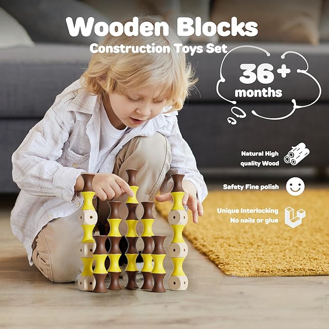 TZJ201, Wooden Building Blocks for Kids, 60Pcs SPINING Stacking Blocks, Durable & Safe Wood, STEM Learning Toys with Canvas Bag, Montessori Toys for Toddler 1-3, for Home, School, Travel