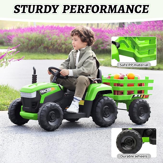 TOBBI Kids Electric Ride On Toy Tractor, 12v Battery-Powered 4 Wheels Ride On Car with Trailer, 35W Dual Motors/3-Gear-Shift/LED Lights/USB Audio Functions for Toddlers 3-6 Years-Green