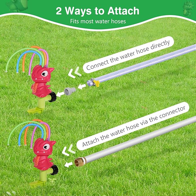 MoKo Water Sprinkler for Kids, Dinosaur Toddler Outdoor Toys with 4 Wiggle Tubes and Hose Clamp, Outdoor Play Toys Spray Up to 8ft, Summer Water Toys Sprinklers for Yard Lawn Garden, 4 Pack, 4 Colors