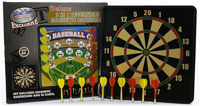 Deluxe 2-in-1 Reversible Magnetic Dartboard (Dart Board) with 10 Darts, Featuring Standard Darts & Baseball Games - Matty's Toy Stop Exclusive