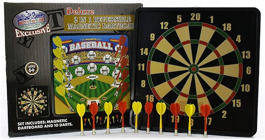 Deluxe 2-in-1 Reversible Magnetic Dartboard (Dart Board) with 10 Darts, Featuring Standard Darts & Baseball Games - Matty's Toy Stop Exclusive