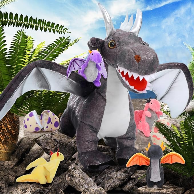 MorisMos Dragon Stuffed Animals with Baby Inside, 21 Inch Stuffed Dragon Plush Toy Set. Gift for Kids, Boys, Christmas, Gray