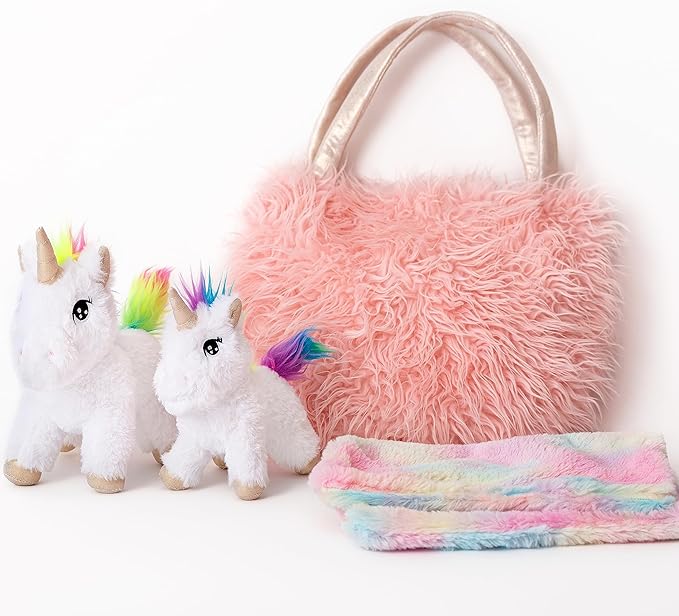 Perfectto Design Unicorn Toy for Girls Age 3-10; 4 PCS Set - Mommy and Baby Stuffed Animals, Bag and a Doll Blanket. Unicorn Gift for 3-8 Year Old Birthdays and Christmas