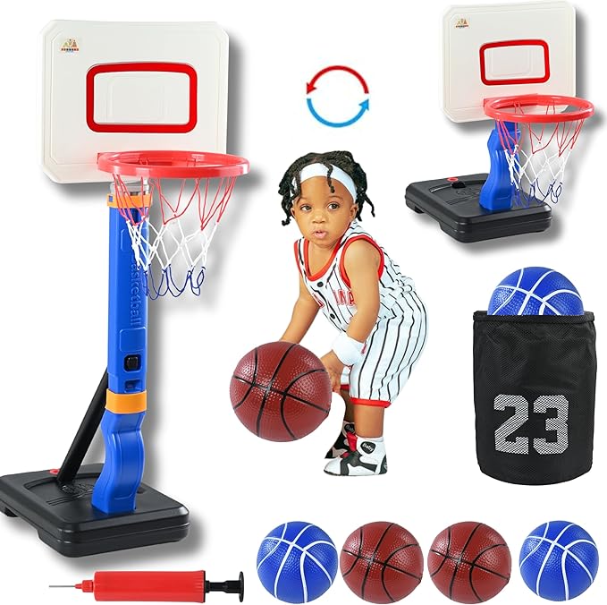 Toddler Kids Basketball Hoop, Height-Adjustable Indoor & Outdoor Portable Basketball Goal for Swimming Pool & Poolside Play, Playset for Boys & Girls with 4 Balls, 1 Gym Bag, 1 Pump, Blue
