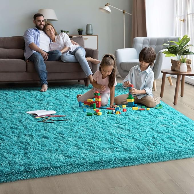 2x6 Blue Fluffy Bedside Runner Rug Machine Washable, Shag Throw Bedroom Rugs Non Slip, Hallway Small Area Long Plush Carpet for Nursery, Kid Boy Girl Room